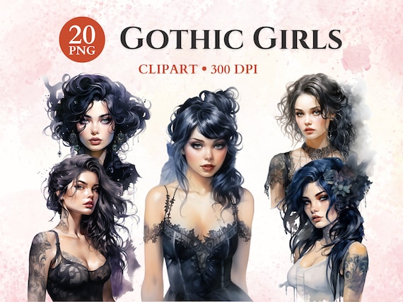 Gothic Girls Clipart, Goth Girl Clipart, Goth Clipart, Gothic Clipart, Diva Glamour, Junk Journal Pages, Transparent Png, Instant Download