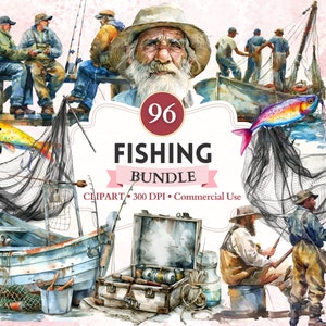 Paquete de imágenes prediseñadas de pesca, acuarela de pesca, equipo de pesca, imágenes prediseñadas de pescador, camping, gráficos deportivos, imagen deportiva
