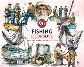 Fishing Clipart Bundle, Fishing Watercolor, Fishing Equipment, Fisherman Clipart, Camping, Sport Graphics, Sport Image