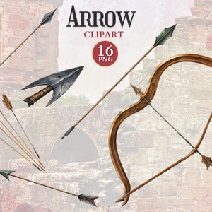 Peut inclure: Un ensemble de 16 images clipart de flèches et d'arc. Les images présentent une variété de flèches avec différents empennages et pointes de flèche, ainsi qu'un arc en bois.