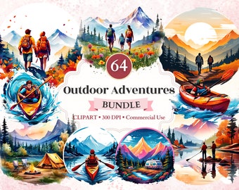 Outdoor Adventures Clipart Bundle, Canoe silhouette, Landscape Clipart, Tent Camping, Travel Graphics, Outdoor Png