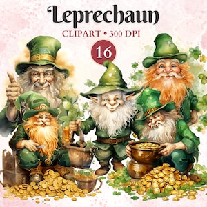 May include: A digital clipart set of 16 watercolor illustrations of leprechauns. The leprechauns are wearing green hats and suits, and some are holding pots of gold. The illustrations are set against a pink background with green shamrocks.