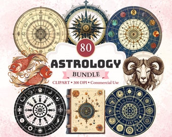 Astrology Clipart Bundle, Horoscope, Zodiac Sign, Constellation, Wheel, Star Sign, Space, Universe, Celestial, Mystical