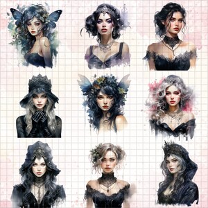 K&ouml;nnte beinhalten: Eine digitale Collage mit zehn Frauen mit dunklen Haaren und aufwendigen Frisuren. Jede Frau tr&auml;gt ein dunkles Kleid mit Spitzendetails und hat einen einzigartigen und &auml;therischen Look. Die Frauen sind vor einem Hintergrund aus Aquarell-Waschungen in Rosa-, Blau- und Violettt&ouml;nen platziert.