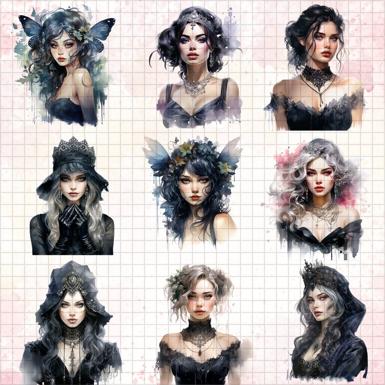 K&ouml;nnte beinhalten: Eine digitale Collage mit zehn Frauen mit dunklen Haaren und aufwendigen Frisuren. Jede Frau tr&auml;gt ein dunkles Kleid mit Spitzendetails und hat einen einzigartigen und &auml;therischen Look. Die Frauen sind vor einem Hintergrund aus Aquarell-Waschungen in Rosa-, Blau- und Violettt&ouml;nen platziert.