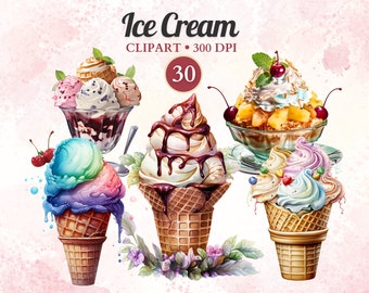 May include: A set of 30 watercolor illustrations of ice cream cones and sundaes. The ice cream is in various colors and flavors, including rainbow, chocolate, vanilla, and strawberry. The cones are all waffle cones and the sundaes are in glass bowls. The illustrations are perfect for use in digital scrapbooking, card making, and other craft projects.