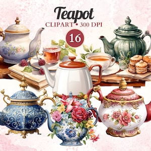 May include: A set of 16 watercolor illustrations of teapots. The teapots are in various styles and colors, including blue, green, red, and white. The teapots are decorated with floral patterns and gold accents. The illustrations are perfect for use in scrapbooking, card making, and other craft projects.