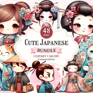 Cute Japanese Clipart Bundle, Beckoning Cat, Chibi Characters, Kawaii Doll, Japanese Doll, Chibi Girls Clipart, Asian Design