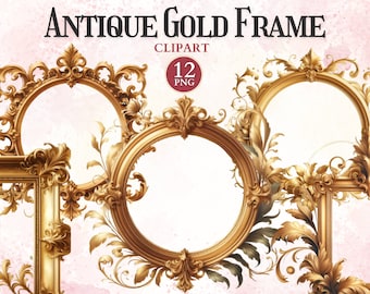 Antique Gold Frame Clipart, Old Printable Frames Png to Ornate Picture, Borders Clipart, Decorative Design Elements, Transparent Png