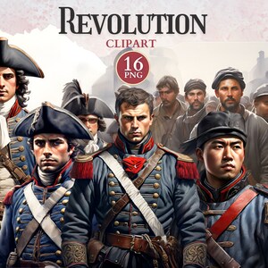 May include: A digital clipart set of 16 PNG images featuring illustrations of people in military uniforms from the Revolutionary War era. The images depict men in blue and red uniforms with white accents, wearing hats and holding weapons. The images are set against a background of a city street.