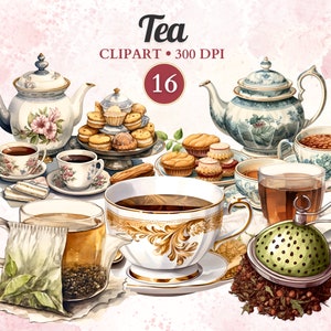 May include: A watercolor illustration of a tea party set with teacups, teapots, tea leaves, and pastries. The illustration includes a tea strainer, a tea bag, and a cup of tea. The text "Tea" and "16" are visible in the image.
