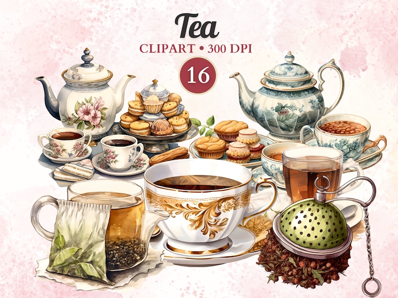 May include: A watercolor illustration of a tea party set with teacups, teapots, tea leaves, and pastries. The illustration includes a tea strainer, a tea bag, and a cup of tea. The text "Tea" and "16" are visible in the image.