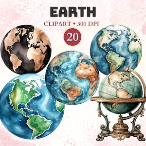 Puede incluir: Un conjunto de cinco ilustraciones de acuarela de la Tierra. Las ilustraciones incluyen un globo terráqueo con un soporte vintage, un globo negro y marrón, y tres globos con diferentes tonos de azul, verde y marrón. El texto "EARTH CLIPART - 300 DPI 20" es visible en la imagen.