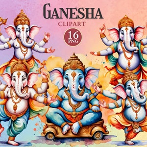 May include: Four colorful illustrations of Ganesha, the Hindu god of wisdom and prosperity. Each illustration depicts Ganesha with different poses and expressions. The illustrations are painted in a watercolor style with vibrant colors and intricate details.
