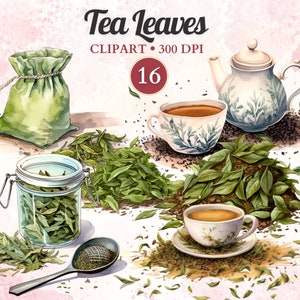 Clipart feuilles de thé, thé clipart, thé png, sachet de thé, clipart herbes, tasse à thé, tasse à thé png, tea time, tea party, scrapbooking