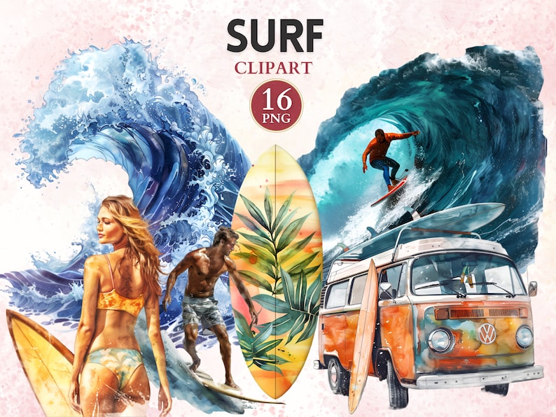 May include: A watercolor illustration of a surfer riding a wave, a woman in a bikini, a man on a surfboard, a vintage van with surfboards on the roof, and a surfboard with a tropical leaf design. The illustration is set against a pink and blue background with the word "SURF" in large letters and "CLIPART" in smaller letters below it.