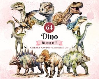 Może przedstawiać: Zestaw 64 akwarelowych ilustracji dinozaurów. Dinozaury są w różnych pozach i kolorach, w tym zielonym, brązowym, niebieskim i czerwonym. Ilustracje idealnie nadają się do użycia w scrapbookingu cyfrowym, tworzeniu kartek i innych projektach kreatywnych.