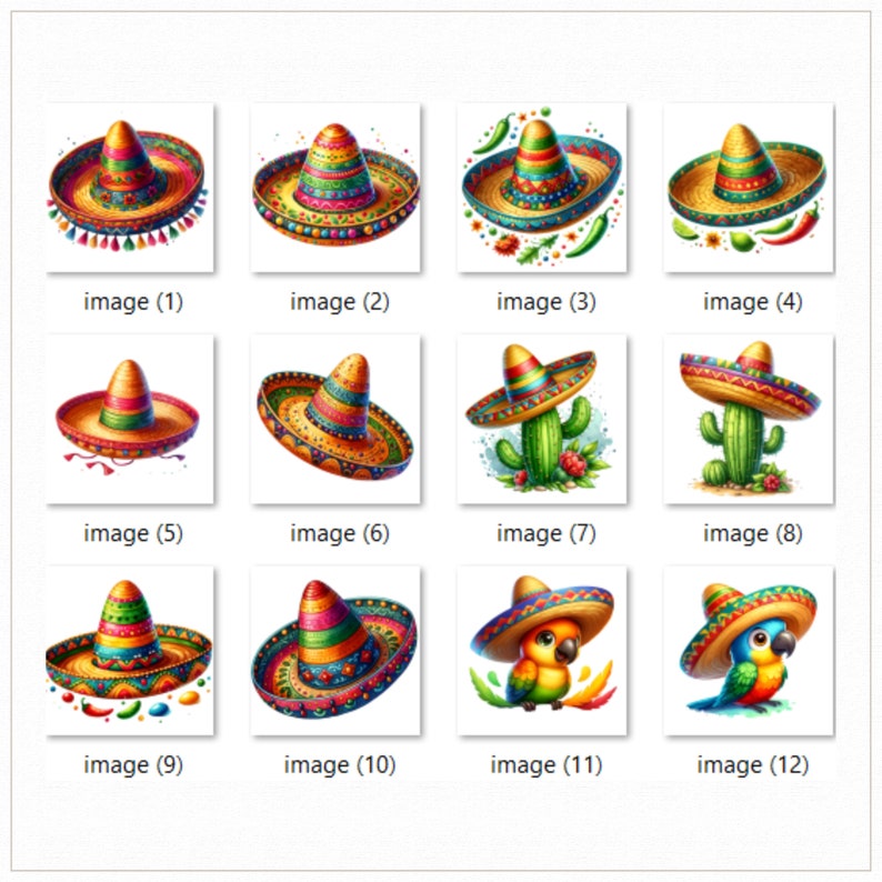 May include: Twelve colorful illustrations of Mexican sombreros, each with a different design. Some sombreros feature cacti, parrots, and other decorative elements.