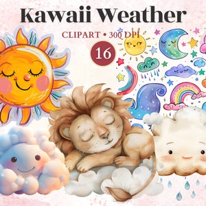 Kawaii Weather Clipart, Kawaii Weather, Rainy Day, Cute Sun Clipart, Cloud Png, Cute Cloud Clipart, April Showers