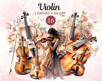 May include: A set of 16 watercolour illustrations of violins, featuring a woman playing a violin, surrounded by floral elements. The image includes a title "Violin CLIPART - 300 DPI 16".