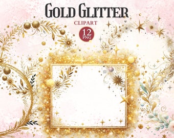 Gold Glitter Frame Clipart, Printable Photo Frames Png, Picture Ornament, Decorative Borders, Sublimation Design, Wedding Invitation
