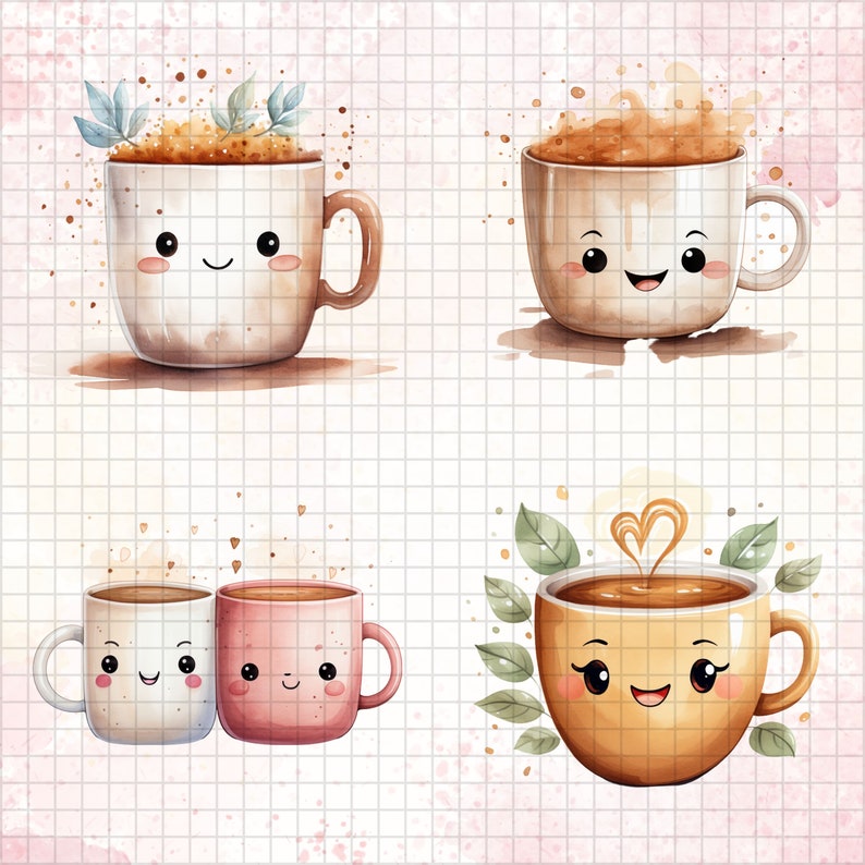 Kawaii Coffee Clipart, Watercolor, Cute Coffee Cup Clipart, Coffee Love, Coffee Graphics, Watercolor Png, Transparent Png, Instant Download image 3