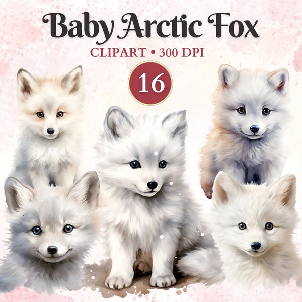 Baby Arctic Fox Clipart, Cute Fox, Wildlife, Arctic Animals, Winter Animals, Gender Reveal Decoration, Birthday Invitation