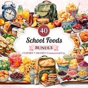 Clipart nourriture scolaire, lot, ensemble, aquarelle, déjeuner scolaire, nourriture pour enfants, retour à l'école, collation pour enfants, boîte à lunch, culinaire, usage commercial