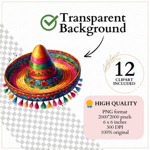 May include: A colorful sombrero with red, yellow, green, and blue accents. The hat has a wide brim and a tall crown with tassels. The sombrero is isolated on a transparent background.
