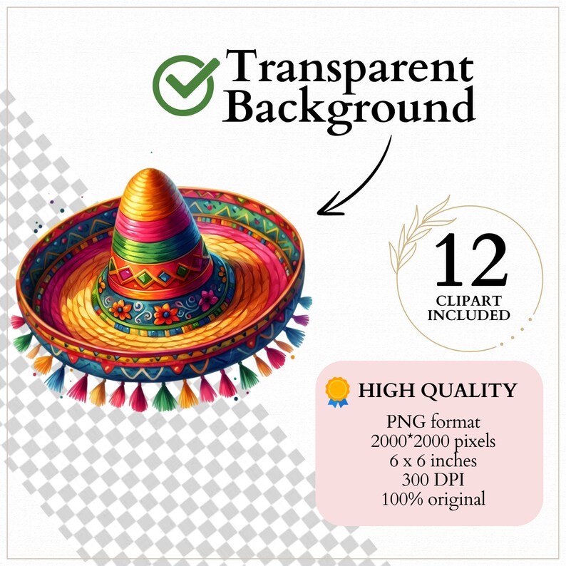 May include: A colorful sombrero with red, yellow, green, and blue accents. The hat has a wide brim and a tall crown with tassels. The sombrero is isolated on a transparent background.