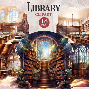 May include: A digital illustration of a library with a spiral staircase leading up to a window with a view of a bright sky. The library has wooden shelves filled with books and a large stained glass window.