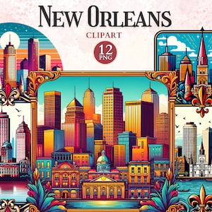 New Orleans Clipart, New Orleans Skyline, Mardi Gras Karneval, Stadt Silhouette, Urlaub Grafiken, Reise Vektor, Amerikanisches Symbol
