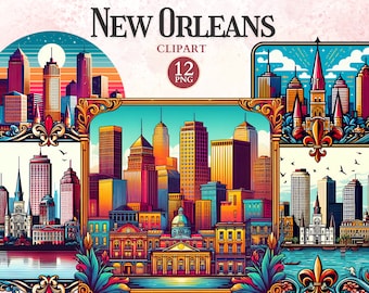 Imágenes Prediseñadas de Nueva Orleans, Horizonte de Nueva Orleans, Carnaval de Mardi Gras, Silueta de la ciudad, Gráficos de vacaciones, Vector de viaje, Símbolo americano