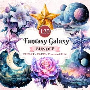 Fantasy Galaxy clipartbundel, set, Magic Galaxy, maan, ster, hemelse clipart, ruimte, dromerig, sterrenhemel, bloemen, kosmisch, commercieel gebruik
