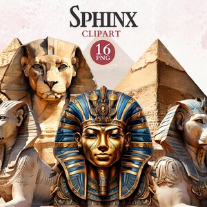 May include: A digital illustration of the Great Sphinx of Giza, a large limestone statue with a human head and a lion's body. The Sphinx is depicted in front of the Great Pyramid of Giza, with a smaller sphinx statue on either side. The image is titled "SPHINX CLIPART 16 PNG".