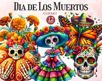 Dia De Los Muertos Clipart, Day of The Dead Decor, Mexican Halloween, Mexican Fiesta, Calaveras, Skeleton Clipart, Travel Vector