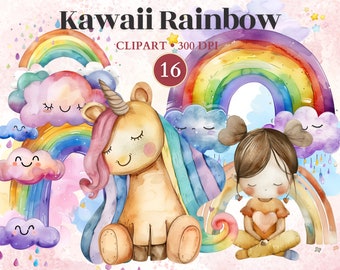 Kawaii Rainbow Clipart, Kawaii Weather, Cute Sun Clipart, Cloud Png, Clouds Vector, Weather Graphics