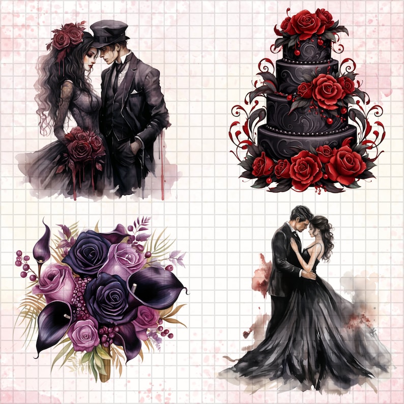 Puede incluir: Una ilustraci&oacute;n en blanco y negro de una escena de boda con una novia y un novio, un ramo de flores moradas y negras y un pastel de boda negro decorado con rosas rojas.