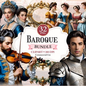 May include: A digital illustration set of 32 Baroque-style clipart images. The set includes images of people in historical clothing, a violinist, and a man in armor. The images are in PNG format and are 300 DPI. The text "32 PNG Baroque Bundle Clipart - 300 DPI Commercial Use" is included in the image.