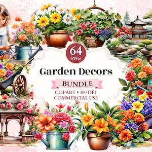 Garden Decors Clipart Bundle, Springtime Graphics, Garden Designs, Floral Wheelbarrow, Floral Watering Can, Pavilion