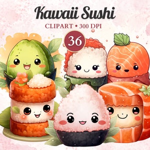 Clipart Kawaii Sushi, Sushi carino, Clipart cibo Kawaii, Cibo giapponese carino, Acquerello, Png trasparente, Download istantaneo