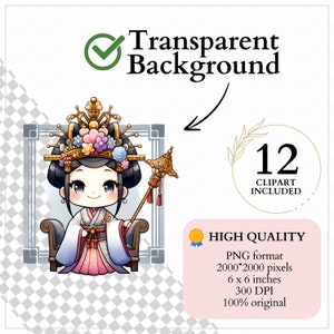 May include: A cartoon illustration of a woman wearing a traditional Korean royal costume, a crown, and holding a scepter. She is sitting on a throne. The image has a transparent background.
