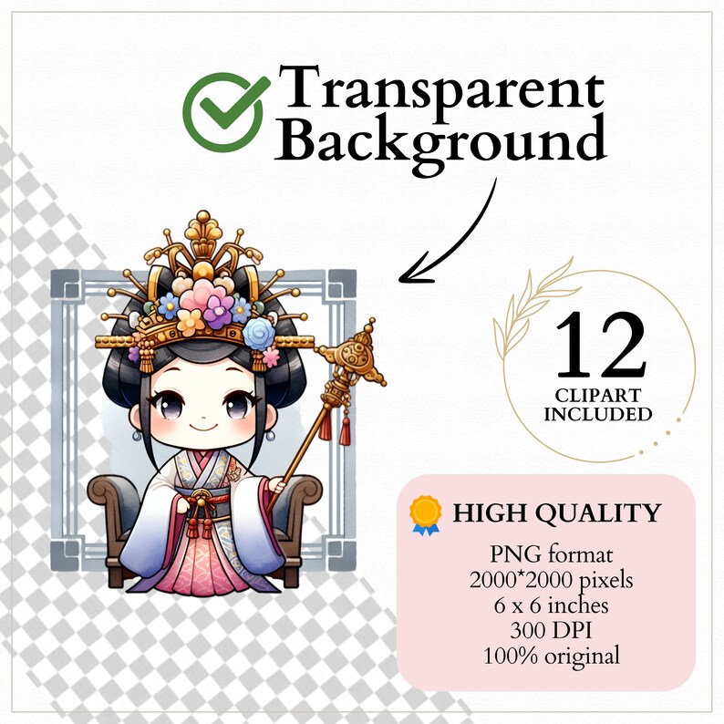 May include: A cartoon illustration of a woman wearing a traditional Korean royal costume, a crown, and holding a scepter. She is sitting on a throne. The image has a transparent background.