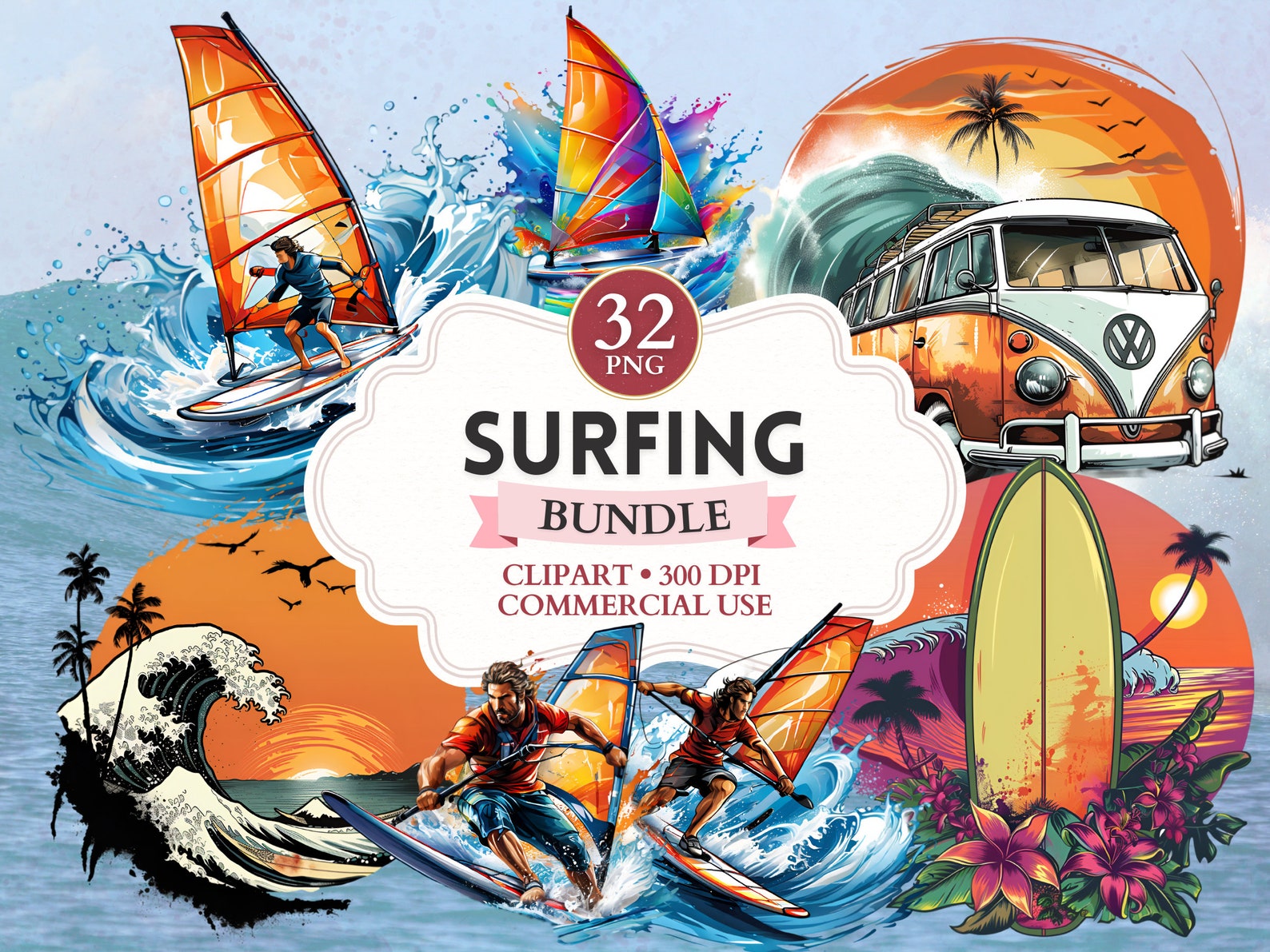 Surfing Clipart Bundle, Surf Png, Surfing Graphics, Surfboard Png ...