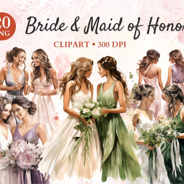 Bride and Maid of Honor Clipart, Bridesmaid Png, Bridal Clipart, Bride Tribe Clipart, Marriage Png, Transparent Png, Instant Download