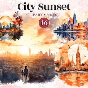 City Sunset Clipart, Sunset Watercolor, Wanderlust Png, City Silhouette, Urban Skyline, Skyscraper Png
