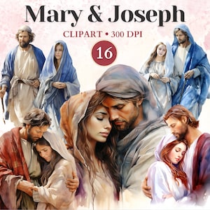 Clipart Maria en Jozef, kerststal, icoon heilige familie, ster van Bethlehem, katholiek, plakboek