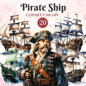 Pirate Ship Clipart, Watercolor, Pirates Clipart, Party, Birthday, Theme, Treasure, Fantasy, Scrapbooking, Invitation, Buccaneers, Png