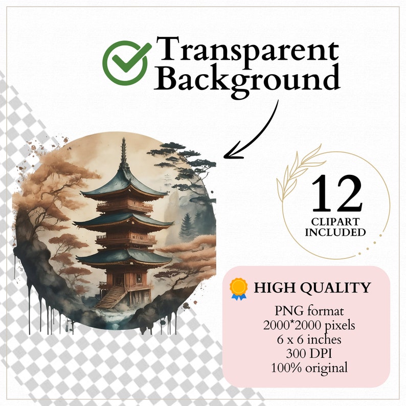 Pode incluir: Ilustra&ccedil;&atilde;o em aquarela de uma pagoda japonesa rodeada por &aacute;rvores e montanhas, dentro de uma moldura circular. A imagem inclui o texto "Transparent Background" e "12 Clipart Included". Imagem de alta qualidade, formato PNG, 15.24 cm x 15.24 cm.