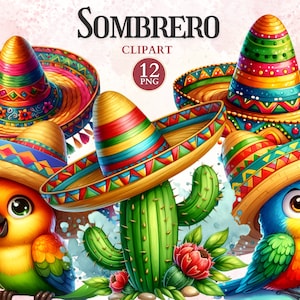 May include: A set of three colorful Mexican sombreros with a cactus and two parrots. The sombreros have a straw base with colorful trim and a pointed top. The parrots are green, blue, orange, and yellow. The cactus is green with red flowers.